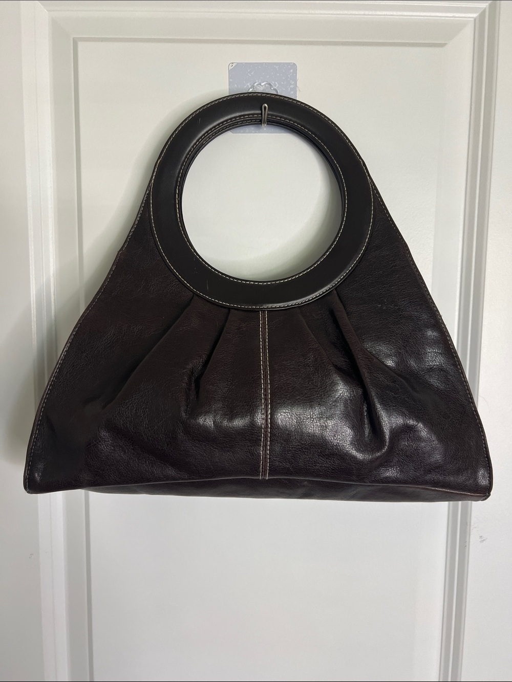 Leather Circle-Handle Tote Bag in Dark Brown